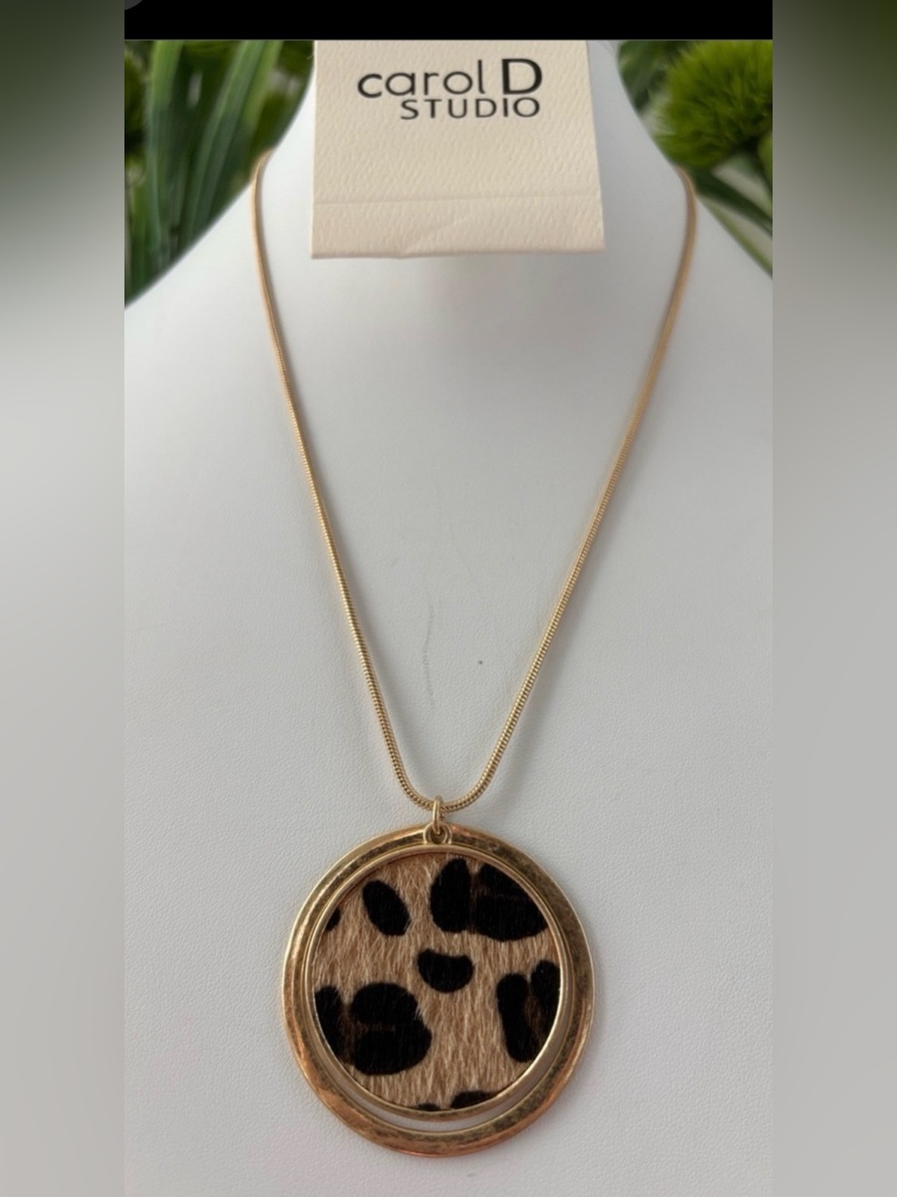 Carol D Studio Calf Hide leopard print,gold rings,long,pendant,reversible
